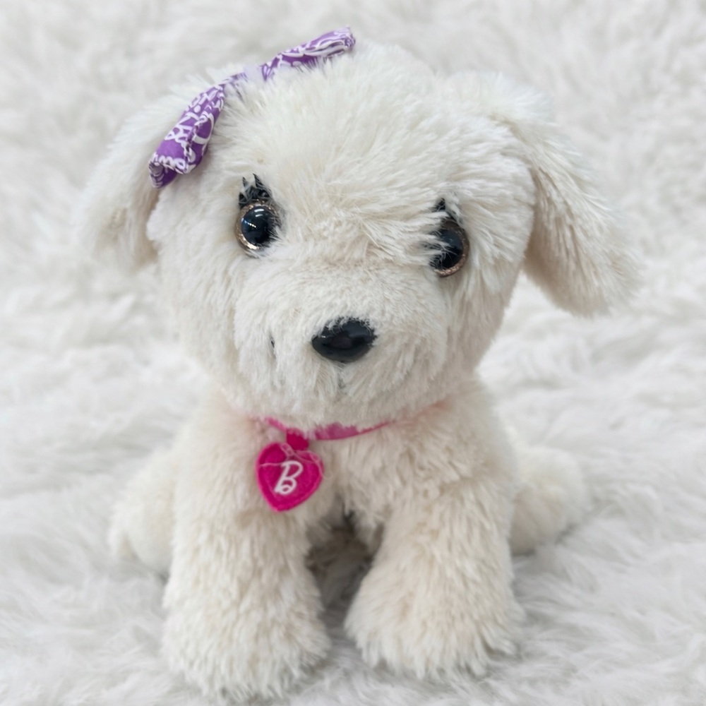 Barbie White Plush Puppy Dog Pet Friend Purple Bow Pink Heart Collar Mattel